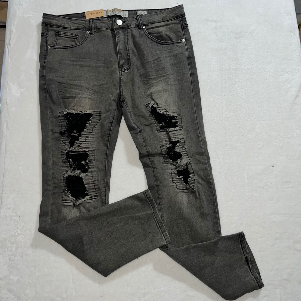 Street‎ Jeans Mens 38x32 Skinny Fit Distressed Moto Denim Gray Ripped Grunge Y2K